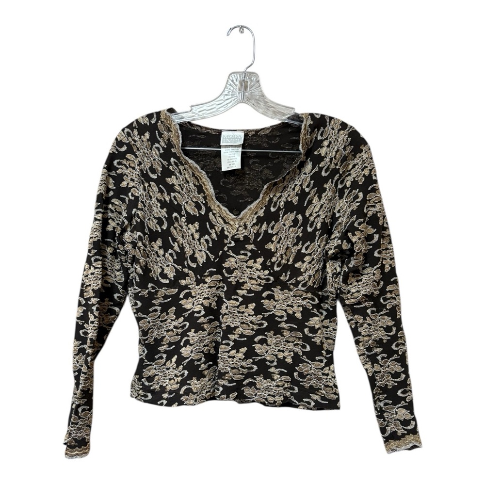 Vintage Black Gold Lace Crop Top Y2K Sheer Long Sleeve Going Out